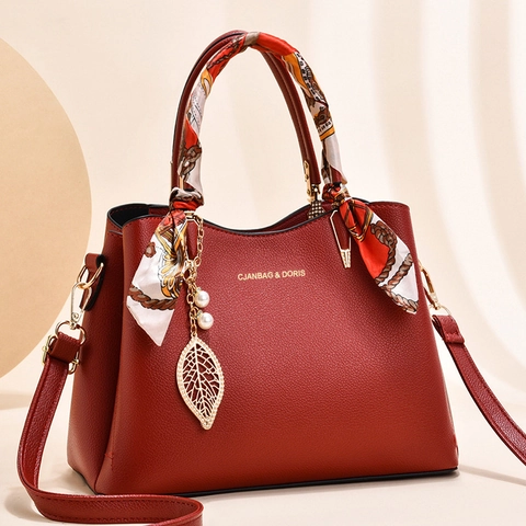 Women Litchi Grain PU Leather Tote Bag With Satin Scarf Handle Metal Leaf Pendant Large Capacity Shoulder Crossbody Handbag