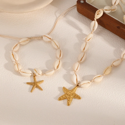 Gioielli Collana E Bracciale In Conchiglia Naturale Con Ciondolo Stella Marina Corda Intrecciata Regolabile Stile Bohémien Spiaggia Donna