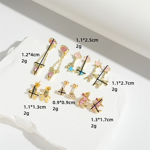 Cute Animal Stud Earrings Copper Colorful Zircon Inlaid Bear Rabbit Reindeer Design Gold Plated Elegant Jewelry For Women