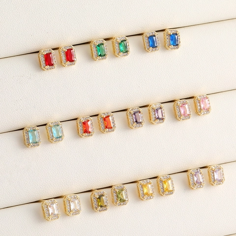 Square Zirconia Stud Earrings For Women 925 Sterling Silver Earring Post Colorful Geometric Copper Gold Plated Earrings