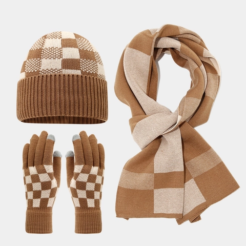 Winter Warm Knit 3-Piece Set Checkerboard Plaid Beanie Hat Long Scarf Touchscreen Gloves For Men Women Outdoor Acrylic Neck Warmer