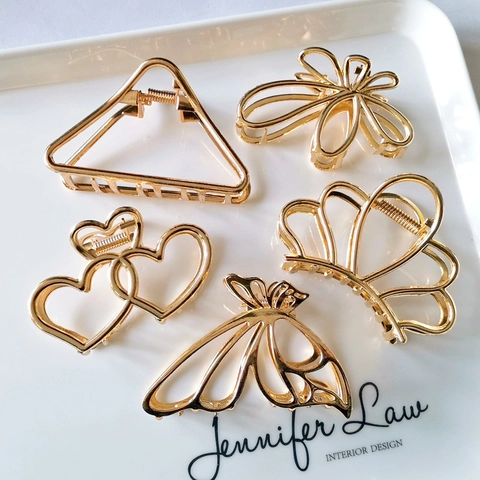Hair Claw Clips Metal Hollow Butterfly Heart Triangle Gold Electroplated Ponytail Hairpins Strong Hold For Women