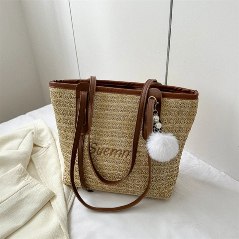 Bolso Tote De Paja Tejida De Verano Gran Capacidad Bolso De Hombro De Playa Informal Con Colgante De Pompones Para Mujer