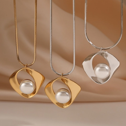 Joyas Geométricas Irregulares De Acero Inoxidable Perla Artificial De Agua Dulce Collar Pendientes Chapado En Oro PVD Elegante Para Mujeres