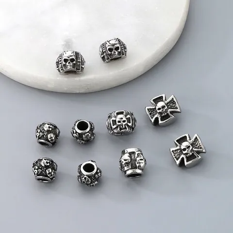 Skull Beads Cross Charms Stainless Steel Retro Gothic Punk Hip Hop Spacer Beads For Jewelry Making Bracelet Accessory