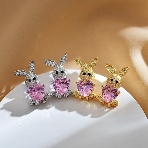 Simple Copper Pink Heart Rhinestone Bear Rabbit Stud Earrings Gold Silver Plated Animal Fashion Jewelry For Women