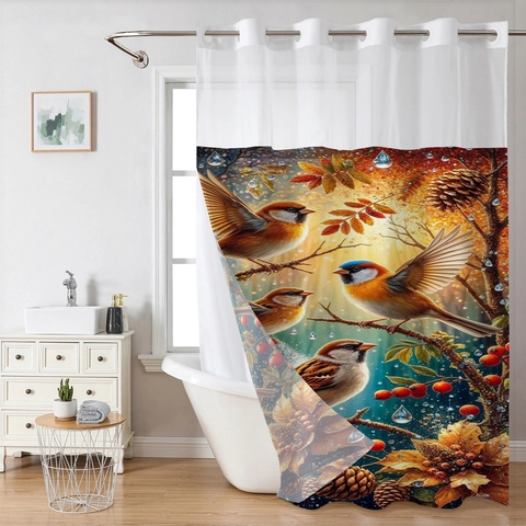 Waterdicht Polyester Wafel Douchegordijn Met Afneembare Voering En Haakloze Ringen Artistieke Print Badkamer Decor