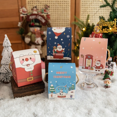 Christmas Gift Boxes Paper Handheld Candy Apple Packaging For Kids Party Favors Cartoon Santa Snowman Reindeer Design