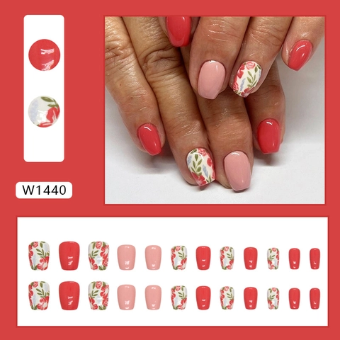Press On Nagels Kort Vierkant Rond Glanzend Kunstnagels Vintage Bloemen Elegant Manicure Voor Vrouwen Dagelijks