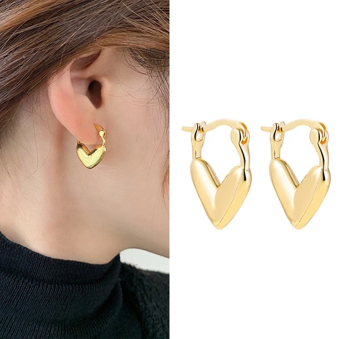 Orecchini Huggie Cuore Triangolo 18K Placcati Oro Acciaio Inossidabile Con Perno Geometrico Zirconi Pavé Gioielli