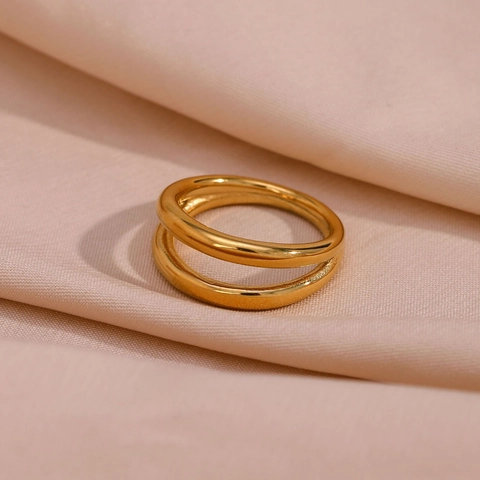 Double Layer Stainless Steel Ring 18K Gold Plated Smooth Round Line Minimalist Geometric Finger Jewelry For Women