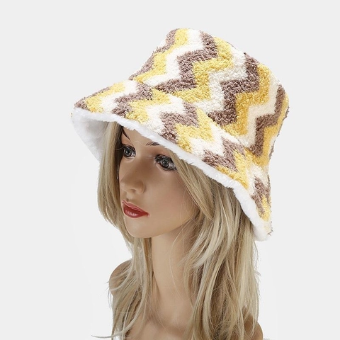 Cappello A Secchiello Invernale Reversibile In Finta Lana Di Agnello Peluche Motivo Zigzag Spesso Caldo Antivento Vintage