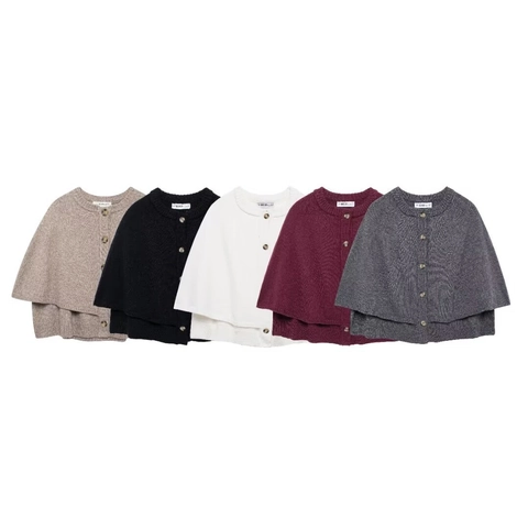 Damen Acryl Polyester Strickschal Cape Rundhals Knopf Vorne Lose Passform Einfarbig Lagen-Strickjacke Wickel Für Den Alltag Büro