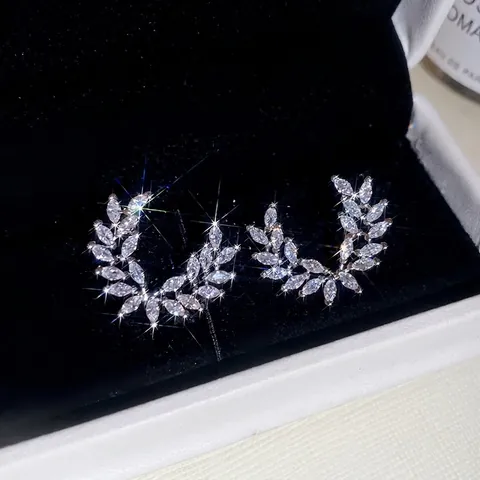 Elegant Wheat Ear Stud Earrings Copper Marquise Zircon With 925 Sterling Silver Earring Post Leaf Design Jewelry For Women
