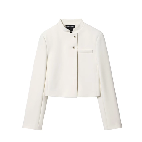 Dames Chic Witte Cropped Blazer Jas Staande Kraag Lange Mouwen Met Split Minimalistisch Kantoor Business Casual
