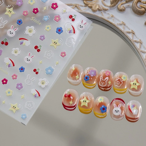 Nail Art Stickers 5D Embossed Self Adhesive Colorful Rainbow Cartoon Rabbit Flower Decor Decals Cute For Women