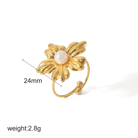 Anillo Abierto de Acero Inoxidable Chapado en Oro de 18K para Mujer Elegante Lazo Flor Perla Ajustable Joyería