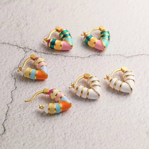 Heart Shaped Hoop Earrings Multi Color Striped Enamel Drip Oil Copper Metal Sweet Fashion Jewelry For Women Elegant