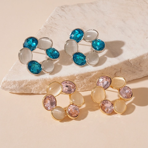 Vintage Flower Cluster Stud Earrings Alloy Cat Eye Stone Rhinestone With Silver Earring Post Elegant Geometric For Women