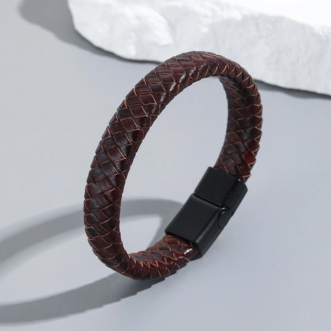 Bracelet En Cuir De Vachette Tressé Pour Homme Avec Fermoir Magnétique En Alliage De Titane Vintage Bracelet Tissé Multicouche Bijoux