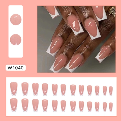 Unghie Finte Press On French Tip Long Coffin Design Bianco Lucido Rosa Nude Unghie Finte Portatili Per Donna