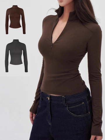 Damen Slim Fit Langarm T-Shirt Viscose Nylon Spandex Reißverschluss Stehkragen Einfarbig Workout Yoga Sportliches Top