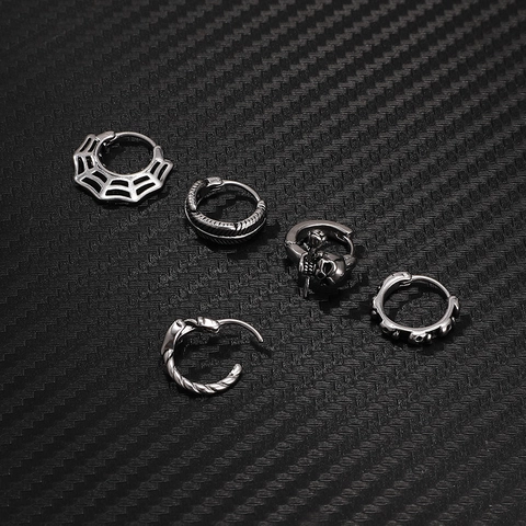 Punk Gothic Stainless Steel Skull Hoop Earrings For Men Women Vintage Silver Feather Spider Web Small Ear Studs Jewelry