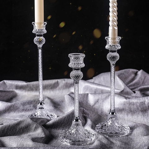 Crystal Glass Candlestick Holders Diamond Cut Base Internal Crystal Filled Taper Candle Stands Modern Home Wedding Decor