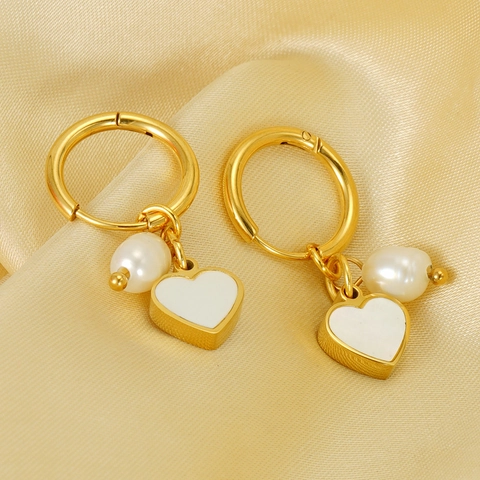 Pendientes De Aro De Corazón Para Mujer Con Perla Artificial Natural Y Nácar Acero Inoxidable Chapado En Oro Joyería