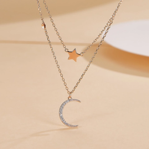 Elegant 925 Sterling Silver Star Moon Double Layer Necklace For Women Fashion Zirconia Pendant Choker Necklace Jewelry Gift