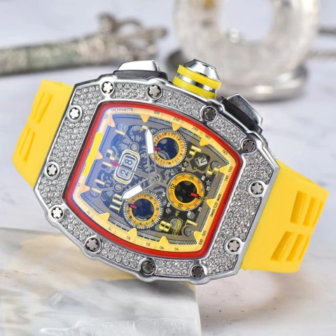 Men Quartz Watch Tonneau Shaped Skeleton Dial Rhinestone Case Luminous Calendar Chronograph Sporty Silicone Strap Luxury Business