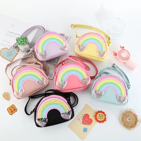 Kids Girls Rainbow Sequin Crossbody Bag PU Leather Heart Glitter Cute Macaron Color Shoulder Purse