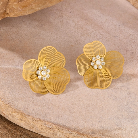 Bloem Oorknopjes Roestvrij Staal Met Zirkonia En Namaakparel Filigraan Opengewerkt Goud Verguld Vintage Elegant Vrouwen