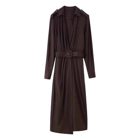 Elegant Deep V Neck Shirt Midi Dress With Belt Long Sleeve Solid Coffee Office Polyester Pleated Epaulette