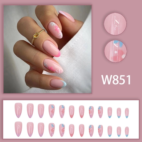 Kunstnagels Roze Glanzend Amandelvorm French Tips Met Kleine Bloemdessins Manicure Voor Dames Zoete Stijl