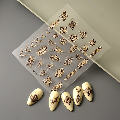 Leopard Print Nail Stickers Gold Bronzing Embossed Waterproof Geometric Heart Star Nail Art Decals For Women