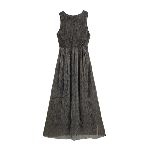 Women Sexy Deep V Neck Sleeveless Maxi Dress Pleated Metallic Elegant Party Evening Long Gown