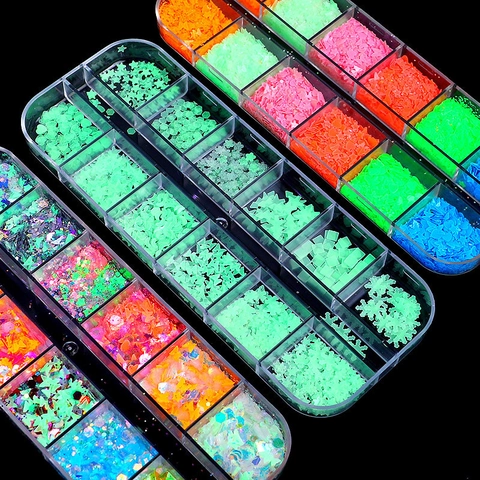 Iridescent Laser Nail Art Sequins Butterfly Heart Star Shapes Luminous Fluorescent Glitter For DIY Decoration Manicure Box