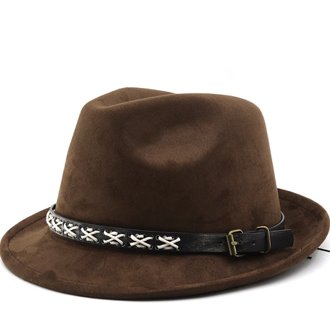 Cappello Fedora In Camoscio Per Uomo Donna Stile Britannico Feltro Jazz Berretto Con Fascia In Pelle Punto Croce E Fibbia