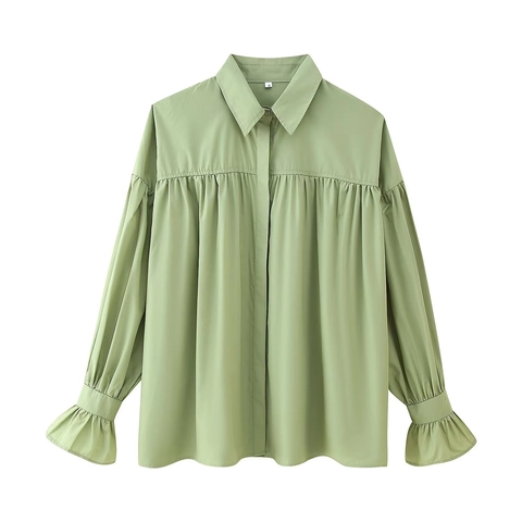 Damen Casual Plissee Revers Bluse Elegant Einfarbig Flare Sleeve Chiffon Hemd Lockerer Schnitt Einreihig Top Für Büro Damen