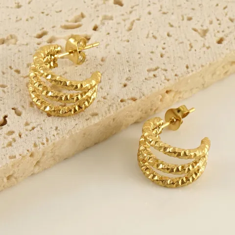 Orecchini A Cerchio In Acciaio Inossidabile Placcato Oro 18K Multistrato Texturizzati A Forma Di U Moda Per Donna
