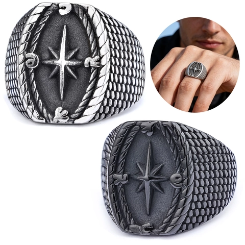Anello Bussola Uomo Acciaio Inossidabile Vichingo Stella A Otto Punte Vintage Punk Nautico Gioielli