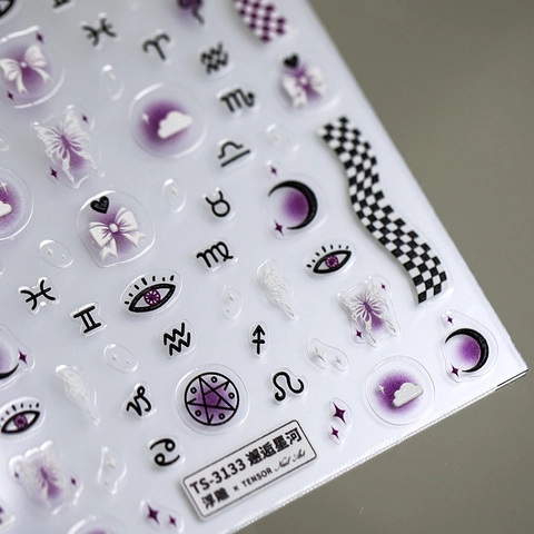 Purple Constellation Nail Art Stickers 3D Embossed Relief Butterfly Star Moon Mysterious Gothic DIY Manicure Decals For Women