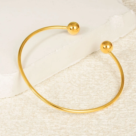 Brazalete Abierto Minimalista de Acero Inoxidable para Mujer Ajustable Doble Bola Brillante Chapado en Oro Plata Joyería