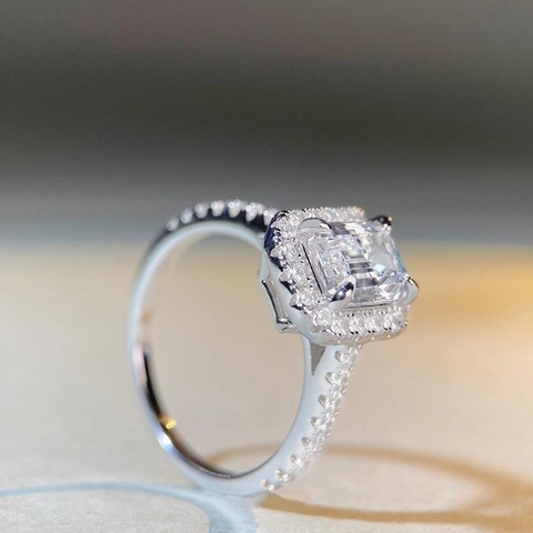 Anillo Halo Talla Esmeralda Plata De Ley 925 Circonita Elegante Rectangular Brillante Joyas De Compromiso Para Mujeres