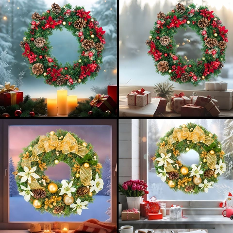 Christmas Wreath Window Sticker Static Cling PVC Waterproof Glass Decal Holiday Xmas Tree Pine Cone Festive Home Decor