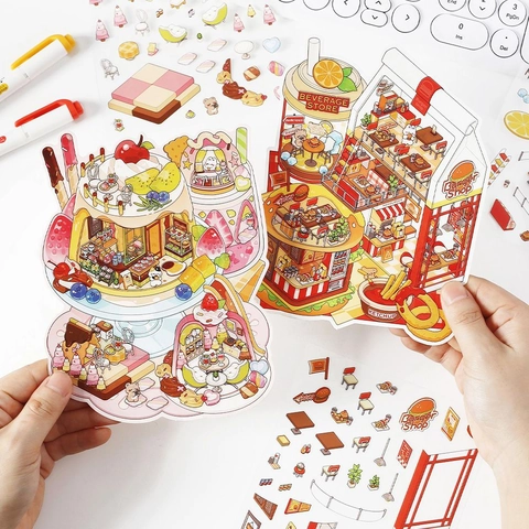 DIY 2.5D Scene Stickers PET Cartoon Food Shop Hamburger Sushi Restaurant Journaling Decoration Craft Scrapbooking
