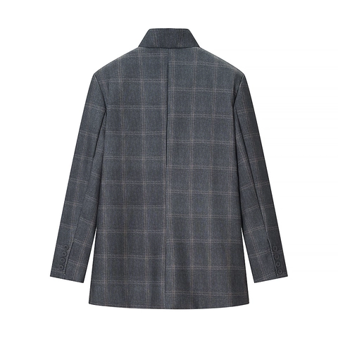 Dames Geruite Blazer Opstaande Kraag Asymmetrisch Single Breasted Grijs Acryl Lange Mouwen Casual Kantoor Jas