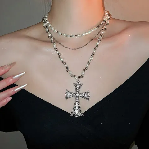 Collar De Capas Colgante Cruz Aleación Pedrería Perla Artificial De Imitación Gótico Barroco Vintage Tono Plata Joyería Mujeres