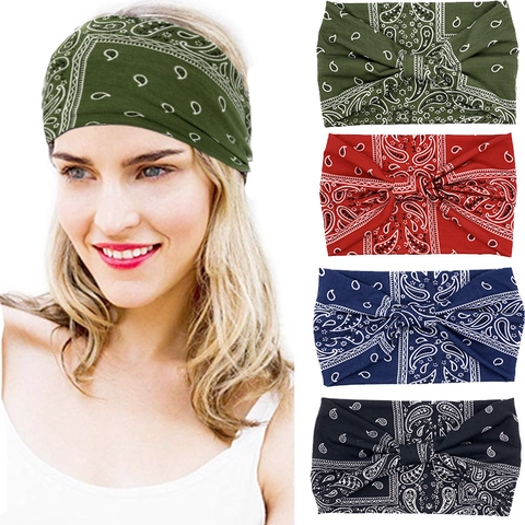 Women Paisley Leopard Floral Print Headband Elastic Cotton Blend Fabric Wide Hair Band Turban Yoga Sports Bohemian Style